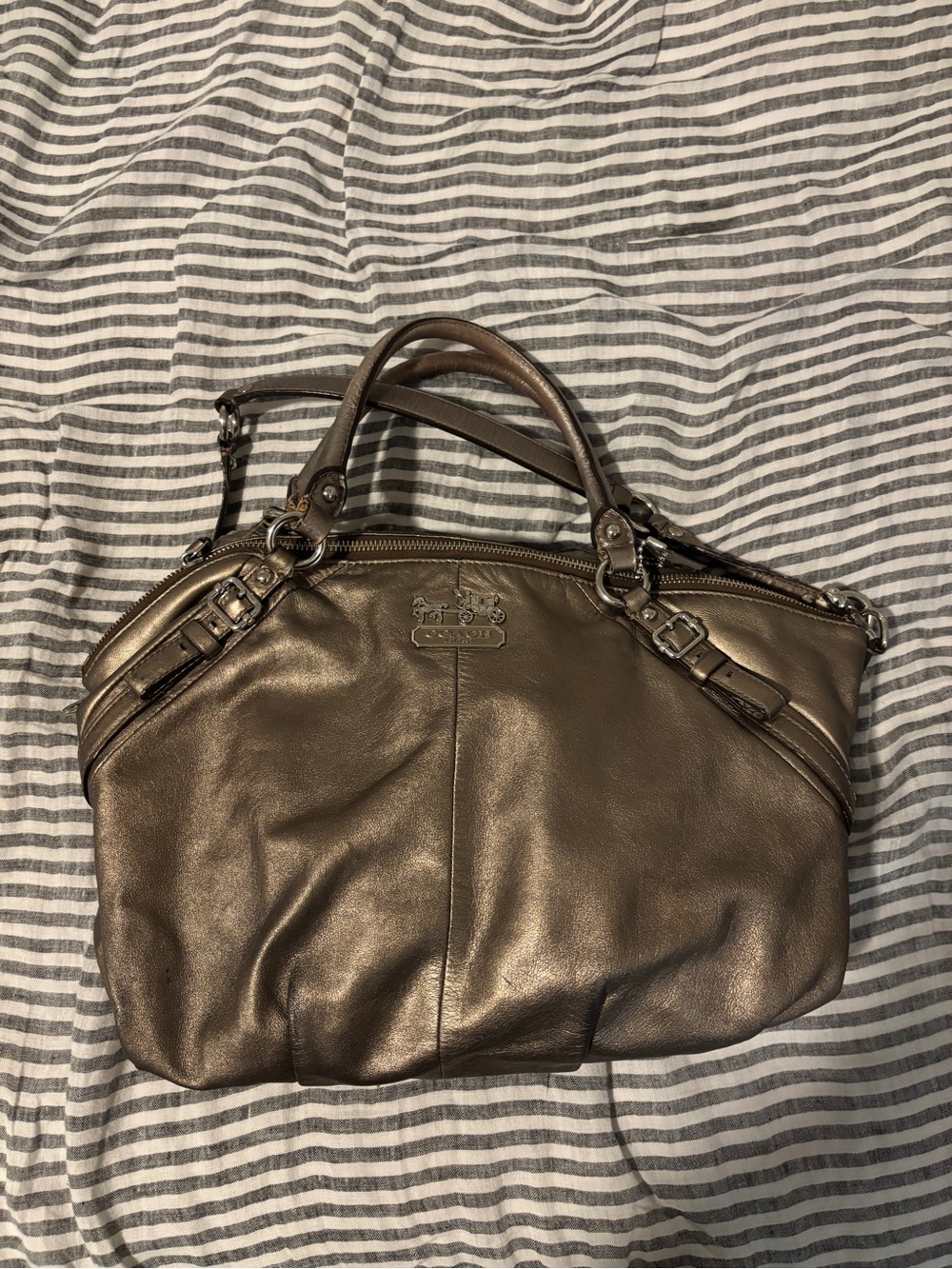 Metallic gold Coach large Ashley bag purse tote, shoulder strap and handles